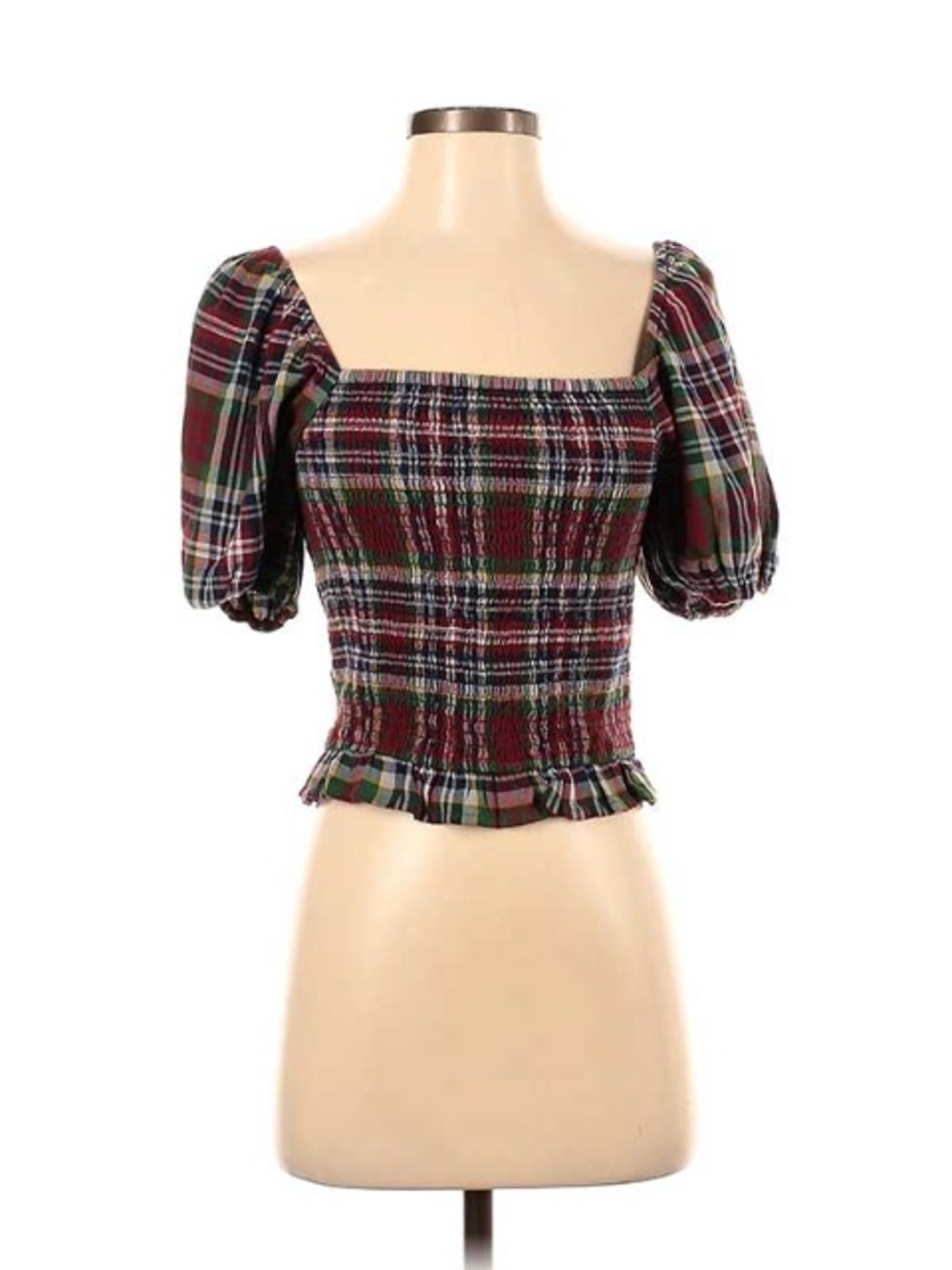 Plaid Smocked Puff-Sleeve Crop Top - Red Green Plaid by American Eagle Size L